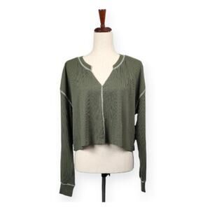 BP Thermal Knit Crop Top Long Sleeve Split V-neck Olive Sarma Size Large New